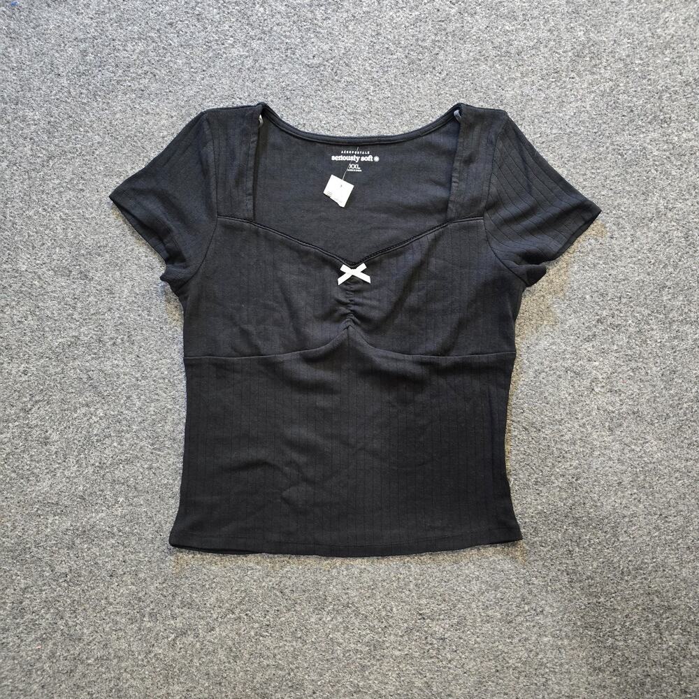 Aeropostale Top Womens XXL Black Ribbed Short Sleeve Cropped Fitted Soft Casual